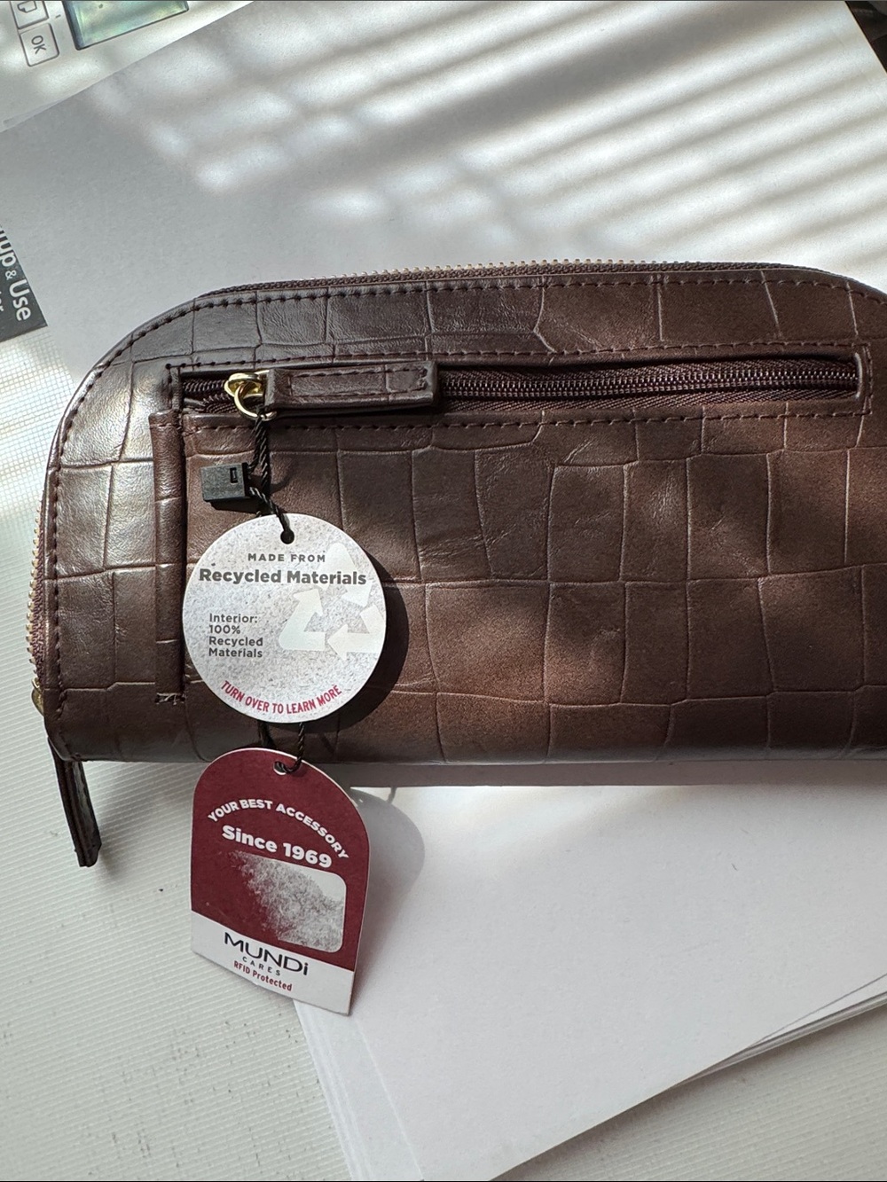 New w/tags RFID Mundi Brown Croc-Embossed Toiletry Bag